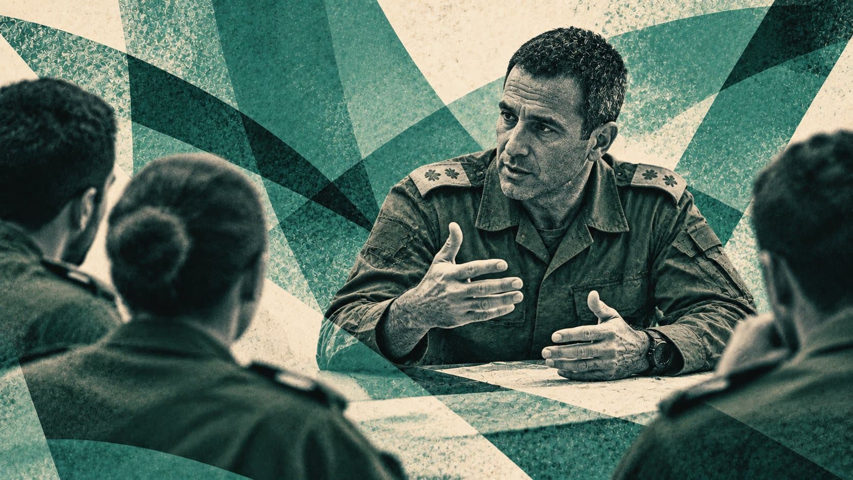 איור של קצין צה"ל עם דרגות על הכתפיים, יושב ומדבר מול חיילים בשולחן